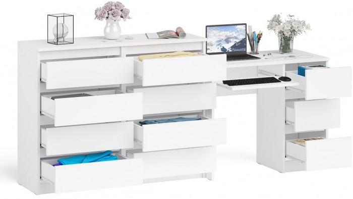 Мори Стол компьютерный МС-6 правый + Комод МК1200.8, цвет белый, ШхГхВ 210,4х50х94 см., выдвижные ящики справа, НЕ универсальная сборка