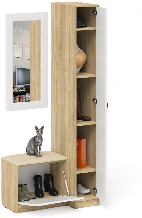 Прихожая П-6 Компоновка № 40, дуб сонома/фасады МДФ белое дерево фрезеровка прованс