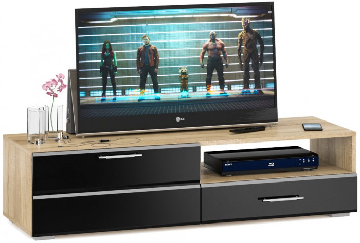 Тумба под ТВ Ларго 1, корпус дуб сонома/фасады МДФ чёрный глянец