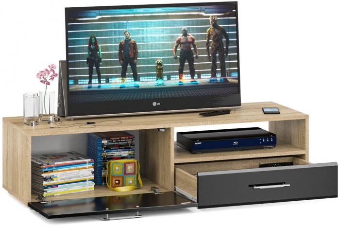 Тумба под ТВ Ларго 1, корпус дуб сонома/фасады МДФ чёрный глянец