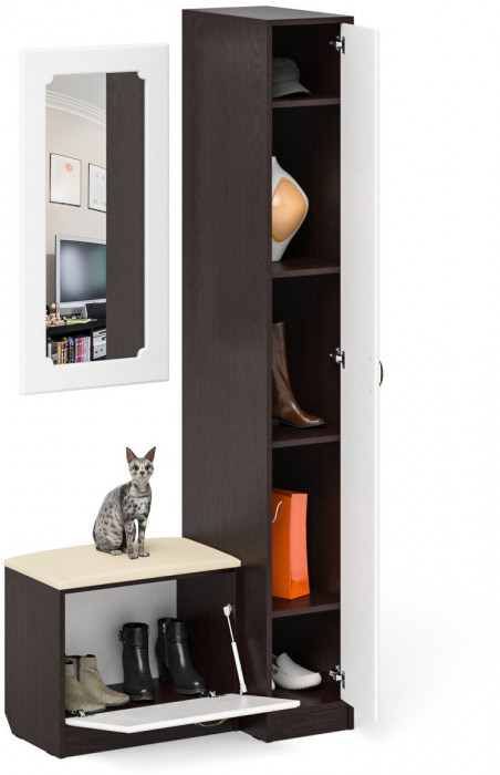 Прихожая П-6 Компоновка № 40, цвет венге/фасады МДФ белое дерево фрезеровка ромб, ШхГхВ 90х50х210 см., универсальная сборка