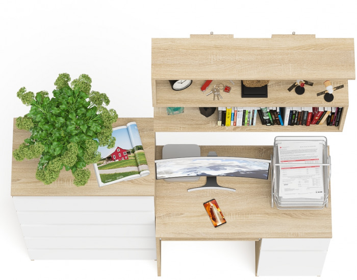 Мори компьютерный стол МС-1 правый + Комод МК700.5 + Полка 900, дуб сонома/белый