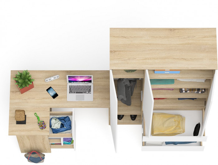 Мори компьютерный стол МС-16 левый + Шкаф МШ1200.1, дуб сонома/белый