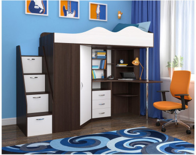 Кровать-чердак Пионер 1 (Ясень Анкор Темный/Белое дерево)