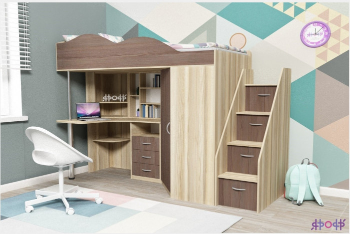 Кровать-чердак Пионер 1 (Ясень Анкор Темный/Белое дерево)