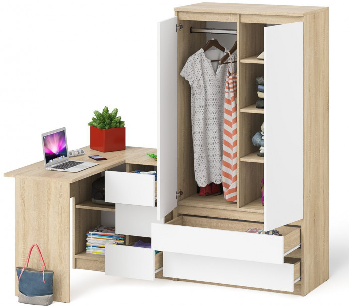 Мори Стол компьютерный МС-16 правый + Шкаф МШ900.1, цвет дуб сонома/белый, ШхГхВ 214,8х84,9х179,6 см., выдвижные ящики справа, НЕ универсальная сборка