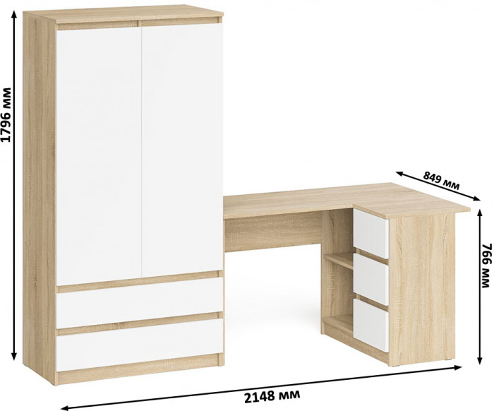 Мори Стол компьютерный МС-16 правый + Шкаф МШ900.1, цвет дуб сонома/белый, ШхГхВ 214,8х84,9х179,6 см., выдвижные ящики справа, НЕ универсальная сборка