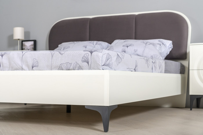 Валенсия Спальня 11.36.02 Кровать + ортопед + две Тумбы, цвет ЛДСП белый шагрень/МДФ бел шагр/ткань велутто 19, ШхГхВ 278х204х103,8 см, 1600х2000, б/м