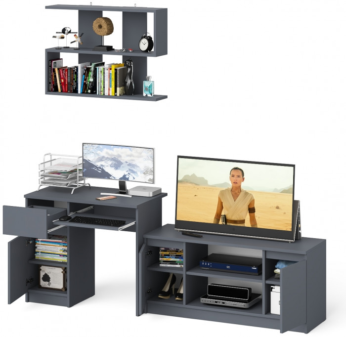 Мори Стол компьютерный МС-1 левый + Тумба МТВ1200.1 + Полка 900, цвет графит, ШхГхВ 210,4х50х209,6 см., НЕ универсальная сборка