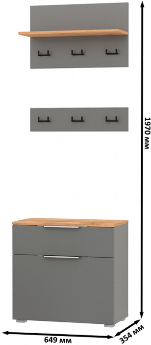 Октава 16.127 Тумба для обуви + 15.14.01 Вешалка + 15.14.02, цвет серый графит/дуб крафт золотой/фасады МДФ серый графит, ШхГхВ 64,9х35,4х197 см.