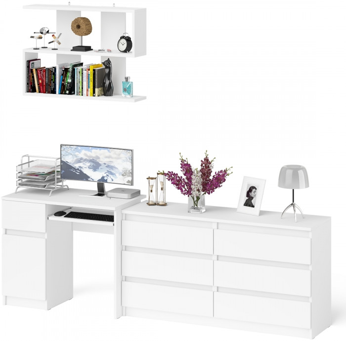Мори компьютерный стол МС-1 левый + Комод МК1380.6 + Полка 900, белый