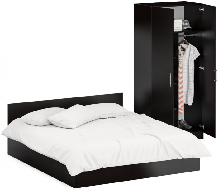 Кровать 1800 + Шкаф 2-х створчатый Стандарт, цвет венге, ШхГхВ 183,5х203,5х70 + 90х52х200 см., сп.м. 1800х2000 мм., без матраса, основание есть