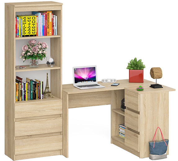 Мори компьютерный стол МС-16 правый + Стеллаж МСТ600.3, дуб сонома