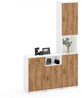 Лидер-8 Пенал + Тумба МД 3.15 + Тумба МД 3.19, цвет белый шагрень/крафт золото, ШхГхВ 120х30х190 см., универсальная сборка