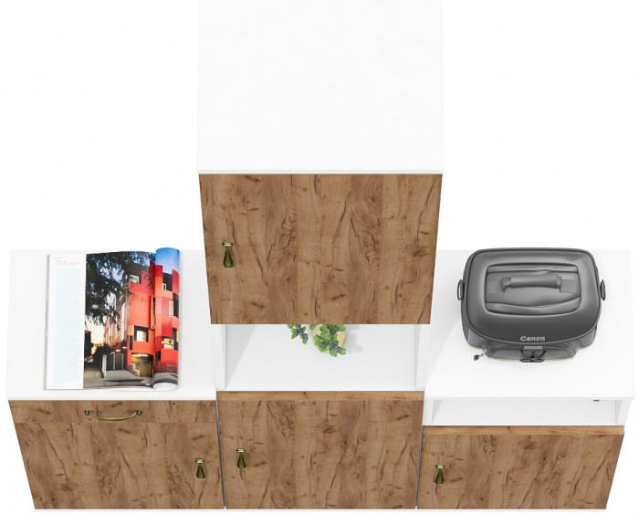 Лидер-8 Пенал + Тумба МД 3.15 + Тумба МД 3.19, цвет белый шагрень/крафт золото, ШхГхВ 120х30х190 см., универсальная сборка