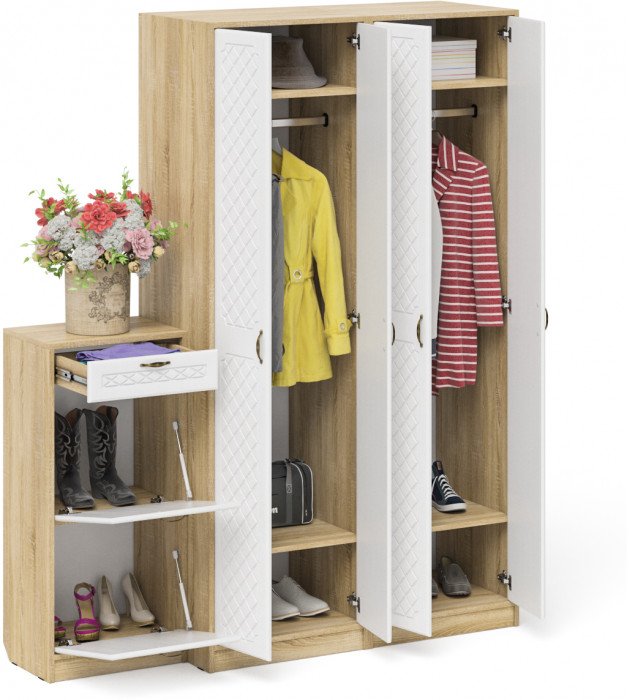 Прихожая П-6 Компоновка № 13, дуб сонома/фасады МДФ белое дерево фрезеровка ромб