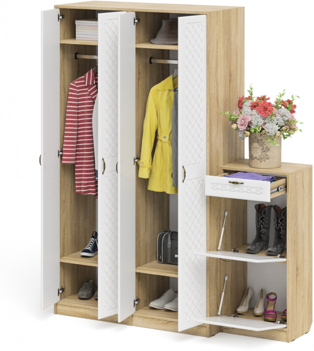 Прихожая П-6 Компоновка № 13, дуб сонома/фасады МДФ белое дерево фрезеровка ромб