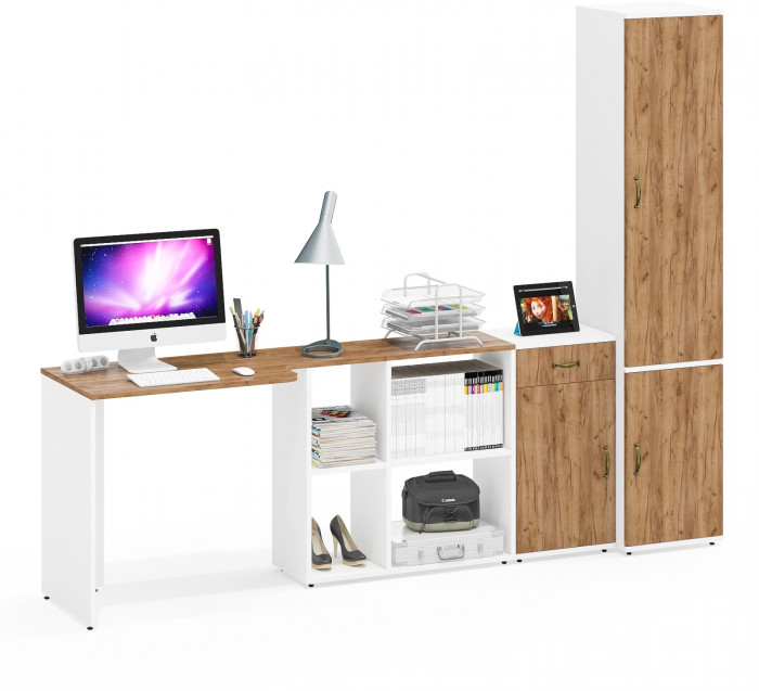 Лидер-8 Стол + Тумба МД 3.15 + Пенал МД 21Б, белый шагрень/крафт золото