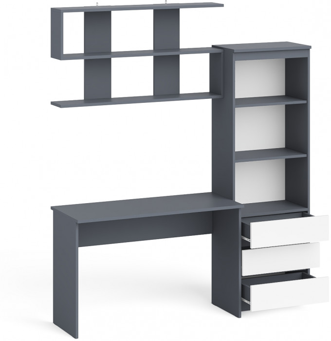 Мори письменный стол МСП1200.1 + Стеллаж МСТ600.3 + Полка 1200, графит/белый