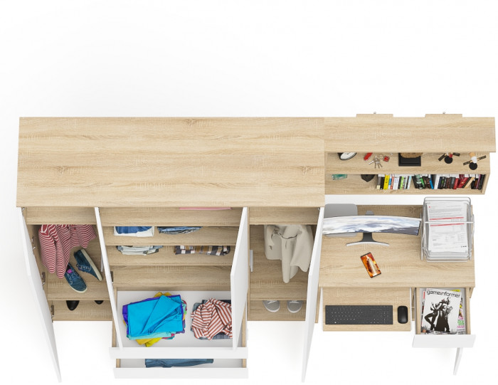 Мори Стол компьютерный МС-1 правый + Шкаф МШ1600.1 + Полка 900, цвет дуб сонома/белый, ШхГхВ 250,4х50,4х209,6 см., НЕ универсальная сборка