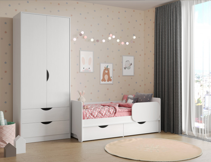 КР100 Уна 11.22 Кровать с ящиками + 13.327 Шкаф для одежды, цвет белый(структура Поры дерева), сп. м. 800х1600 мм., б/м, основание есть