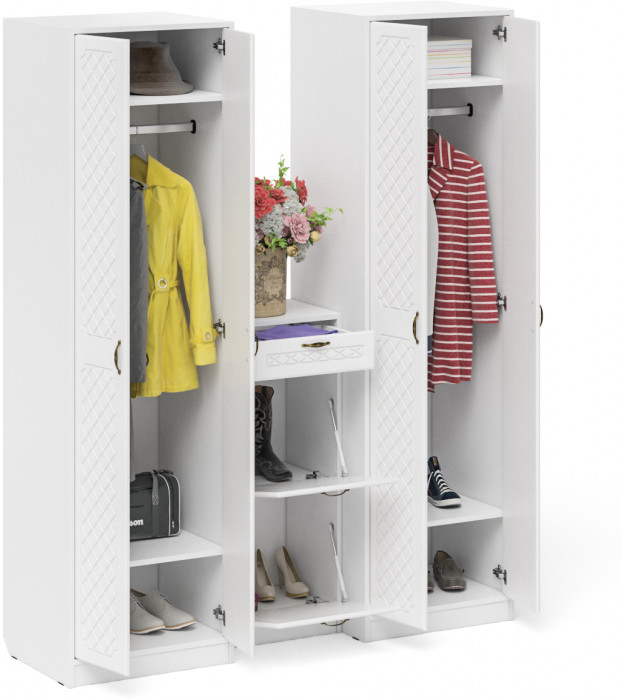 Прихожая П-6 Компоновка № 13, цвет белая шагрень/фасады МДФ белое дерево фрезеровка ромб, ШхГхВ 170х50х210 см., универсальная сборка