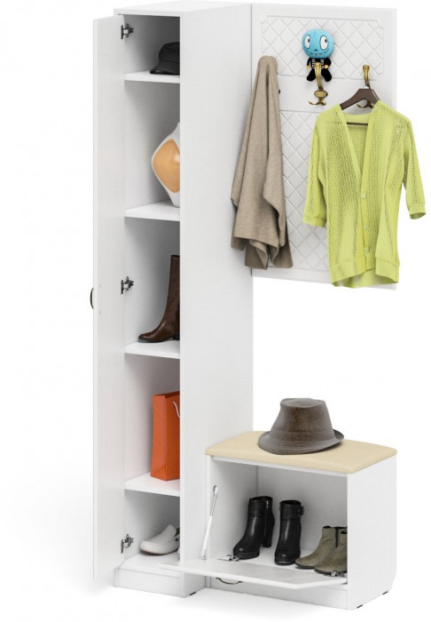 Прихожая П-6 Компоновка № 41, белая шагрень/фасады МДФ белое дерево фрезеровка ромб