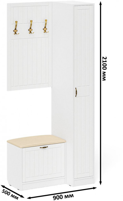 Прихожая П-6 Компоновка № 41, цвет белая шагрень/фасады МДФ белое дерево фрезеровка прованс, ШхГхВ 90х50х210 см., универсальная сборка