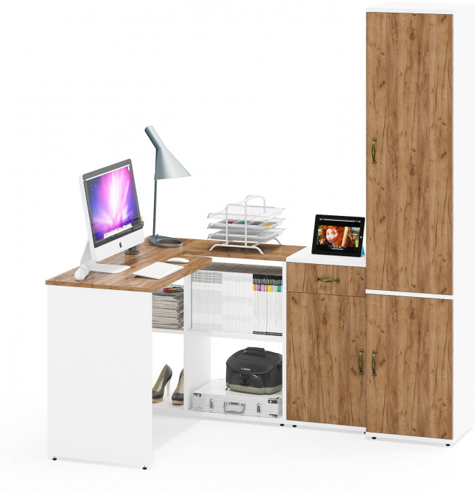 Лидер-8 Стол + Тумба МД 3.15 + Пенал МД 22Б, белый шагрень/крафт золото