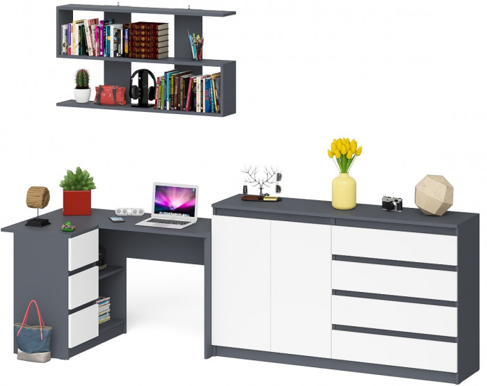 Мори компьютерный стол МС-16 левый + Комод МК1600.1 + Полка 1200, графит/белый