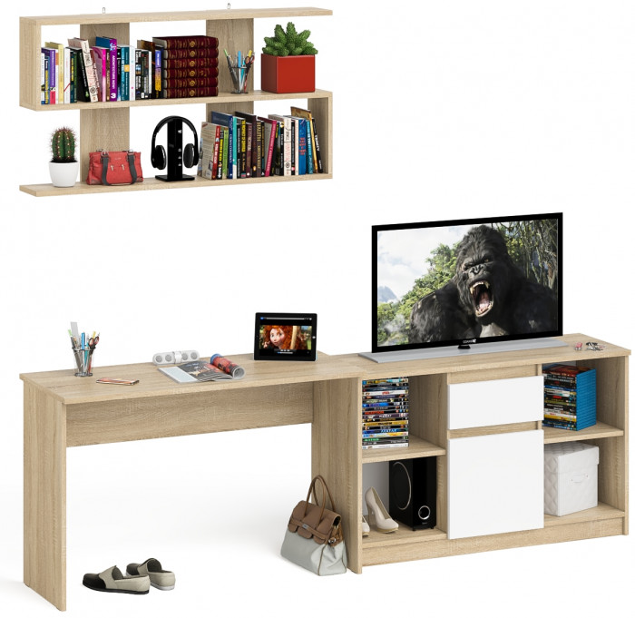 Мори Стол письменный МСП1200.1 + Тумба МТВ1204.1 + Полка 1200, цвет дуб сонома/белый, ШхГхВ 240,8х50х209,6 см., универсальная сборка