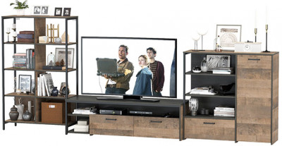 Трувор Гостиная 044, цвет дуб гранж песочный/интра, ШхГхВ 348,8х45,4х146 см., универсальная сборка