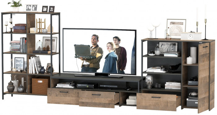 Трувор Гостиная 044, цвет дуб гранж песочный/интра, ШхГхВ 348,8х45,4х146 см., универсальная сборка