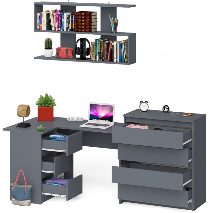 Мори компьютерный стол МС-16 левый + Комод МК800.4 + Полка 1200, графит