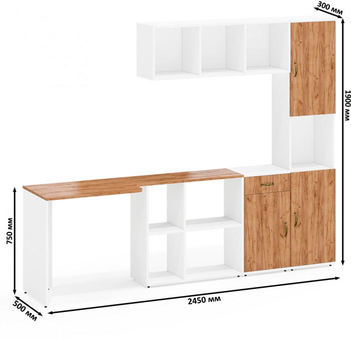 Лидер-8 Стол + Полка + Тумба МД 3.15 + Пенал, цвет белый шагрень/крафт золото, ШхГхВ 370х50/30х75/190 или 230х50/120х75/190 см., НЕ универс. сб.