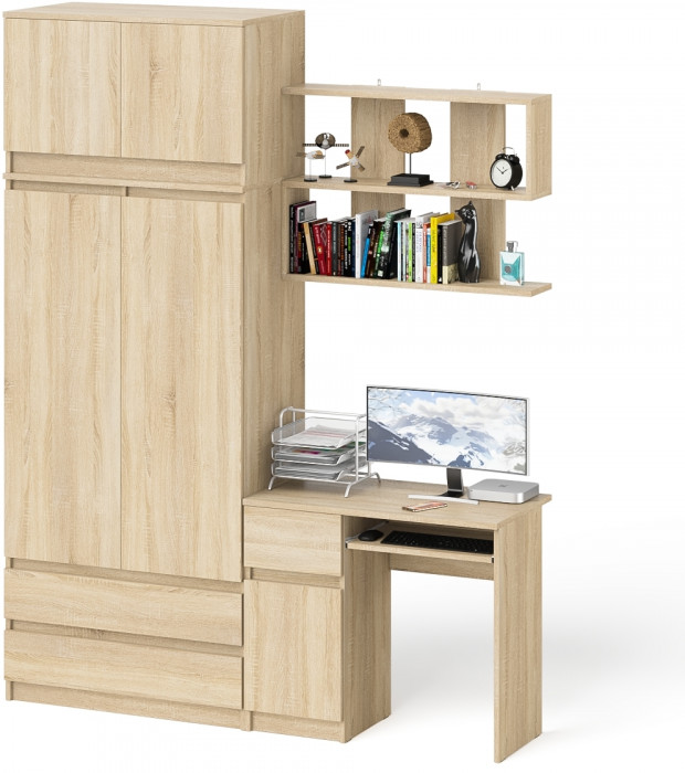 Мори компьютерный стол МС-1 левый + Шкаф МШ900.1 + Антресоль МА900.1 + Полка 900, дуб сонома