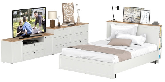 Остин 11.53 Кровать + ортопед + 16.240 Комод + 16.47 Тумба под ТВ, белый шагрень/дуб крафт золотой
