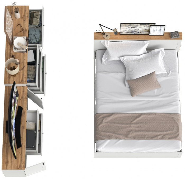 Остин 11.53 Кровать + ортопед + 16.240 Комод + 16.47 Тумба под ТВ, белый шагрень/дуб крафт золотой