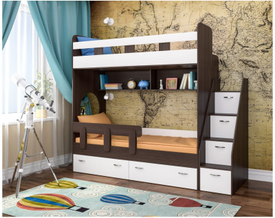 Двухъярусная кровать Юниор 1 + бортик Юниор (Ясень Анкор Темный/Белое дерево)