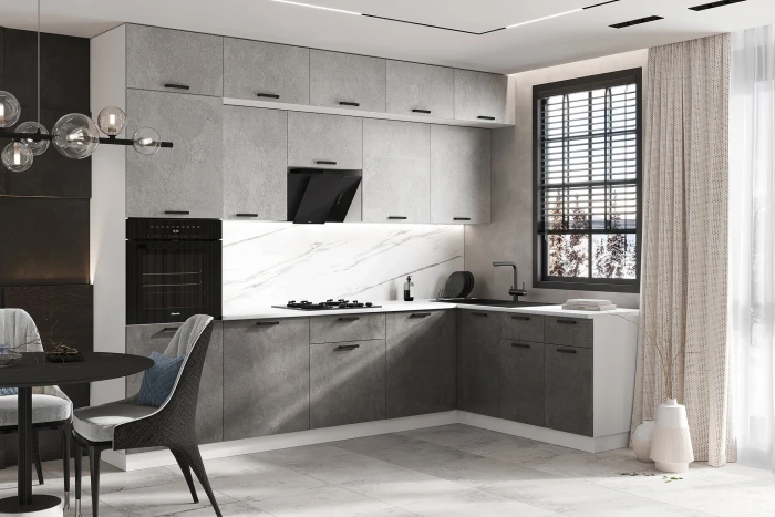 ЛДСП Кухня Рио NEW 3,0х1,8м Компановка №2 бетон светлый/бетон темный (антарес)