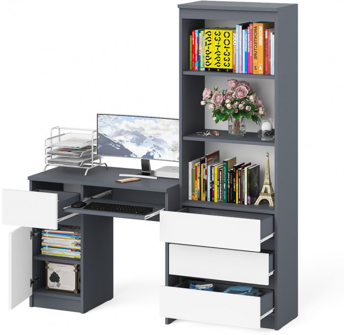 Мори Стол компьютерный МС-1 левый + Стеллаж МСТ600.3, цвет графит/белый, ШхГхВ 150,4х50х179,6 см., выдвижной ящик слева, НЕ универсальная сборка