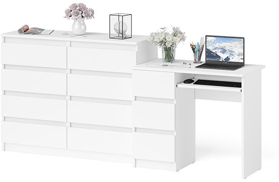 Мори Стол компьютерный МС-6 левый + Комод МК1200.8, цвет белый, ШхГхВ 210,4х50х94 см., выдвижные ящики слева, НЕ универсальная сборка