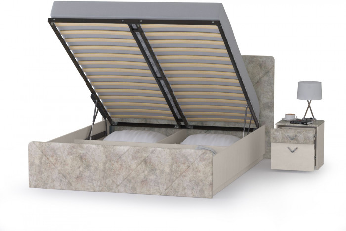 Амели Кровать 11.31 + подъёмный ортопед + тумбочка, цвет шёлковый камень/бетон чикаго беж, ШхГхВ 222,4х205,2х104,3 см., сп. м. 1600х2000 мм., б/м