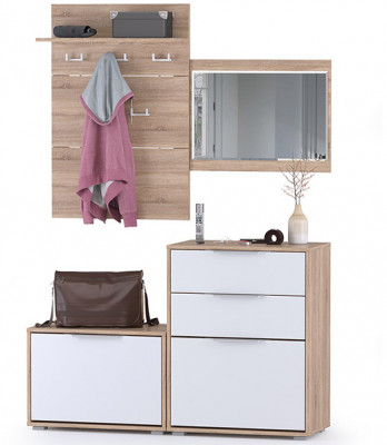 Куба Прихожая 4, обувница 13.58 + Вешалка 10.122 + обувница 13.113 + Зеркало, цвет дуб сонома/белый премиум, ШхГхВ 130х38,3х210,6 см., ун. сборка
