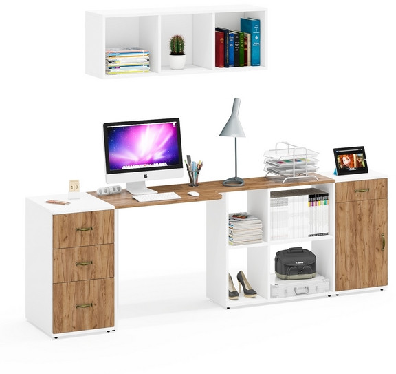 Лидер-8 Стол + Полка + Тумба МД 3.15 + Тумба МД 3.16, цвет белый шагрень/крафт золото, ШхГхВ 245х50/30х75/190 или 155х120/50х75/190 с, НЕ универс. сб.