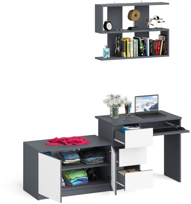 Мори компьютерный стол МС-6 левый + Тумба МА900.1 + Полка 900, графит/белый
