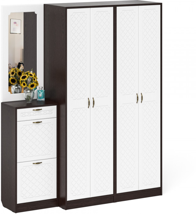 Прихожая П-6 Компоновка № 14, цвет венге/фасады МДФ белое дерево фрезеровка ромб, ШхГхВ 170х50х210 см., универсальная сборка