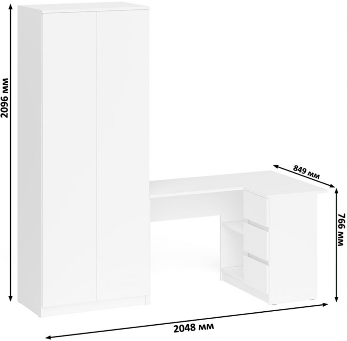 Мори Стол компьютерный МС-16 правый + Шкаф МШ800.1, цвет белый, ШхГхВ 204,8х84,9х209,6 см., выдвижные ящики справа, НЕ универсальная сборка