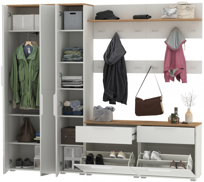 Октава Прихожая 33, белый шагрень/дуб крафт золотой/фасады МДФ белый шагрень