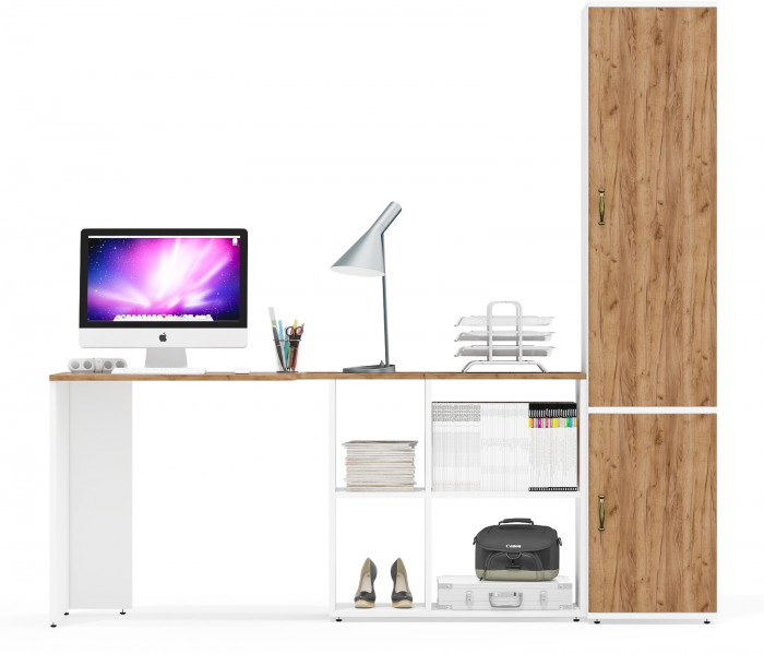 Лидер-8 Стол + Пенал МД 22Б, белый шагрень/крафт золото